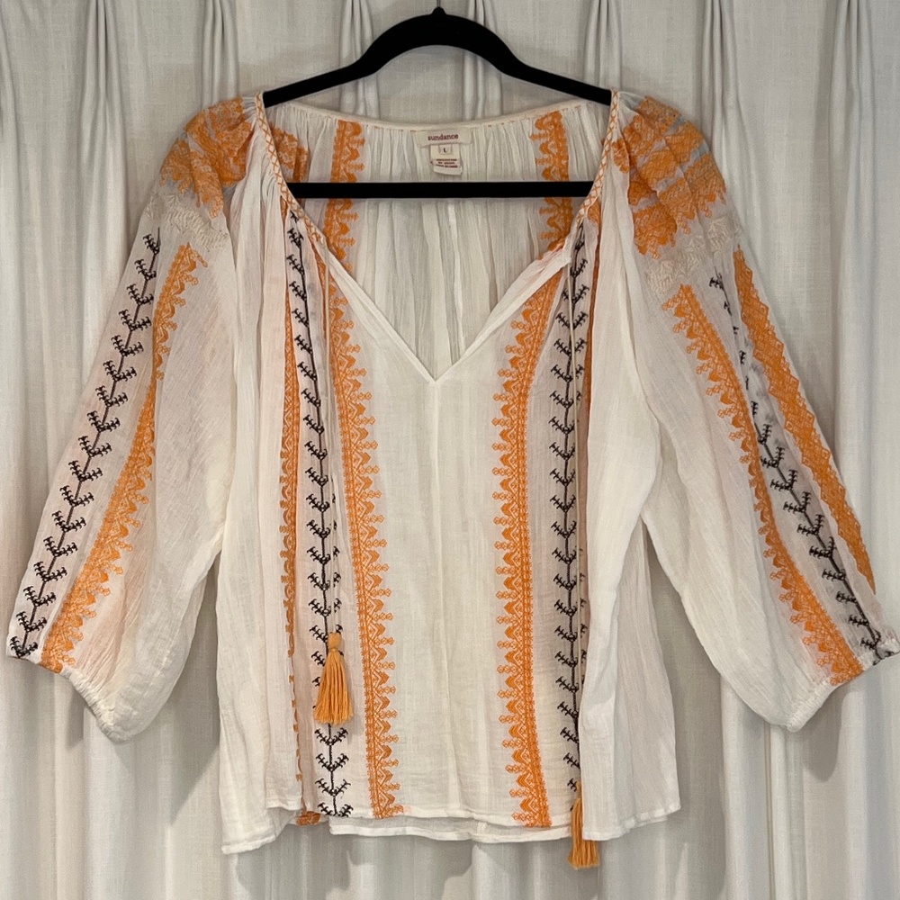 Sundance‎ White And Orange Embroidered Peasant Blouse Top